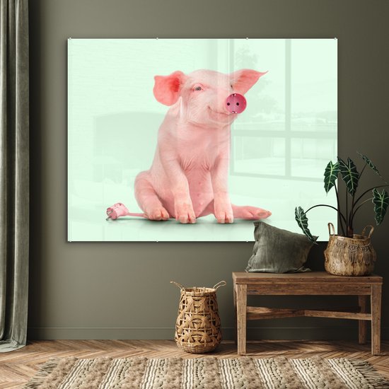 MuchoWow® Glasschilderij 160x120 cm - Schilderij acrylglas - Varken - Roze - Stopcontact - Dieren - Foto op glas - Schilderijen