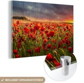 MuchoWow® Glasschilderij 30x20 cm - Schilderij acrylglas - Zonsondergang - Klaprozen - Rood - Bloemen - Veld - Natuur - Foto op glas - Schilderijen