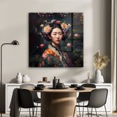 Glasschilderij vrouw - Bloemen - Kimono - Aziatisch - Portret - Glasplaat - Glazen schilderij - Wanddecoratie glas - 90x90 cm - Glasschilderijen woonkamer - Woondecoratie - Foto op glas