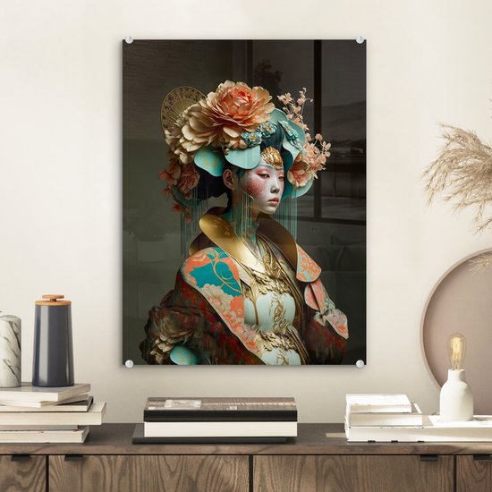 MuchoWow® Peinture sur verre 30x40 cm - Peinture sur verre acrylique - Femme - Fleurs - Oranje - Portrait - Asiatique - Photo sur verre - Peintures