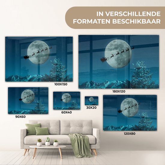 MuchoWow® Peinture sur verre 150x100 cm - Peinture sur verre acrylique - Rennes avec le Père Noël dans les airs - Photo sur verre - Peintures