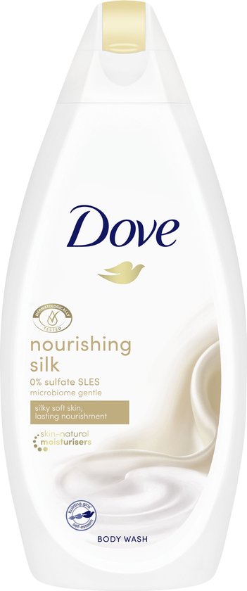 Dove Nourishing Silk body wash, 450ml. Witte fles met gouden accents en een afbeelding van zijde.