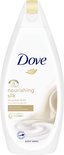 Dove Nourishing Silk body wash, 450ml. Witte fles met gouden accents en een afbeelding van zijde.