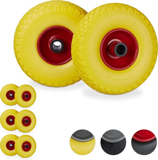 relaxdays 8 x roue de diable - jante acier - anti crevaison - axe 25 mm - 150 kg - jaune-rouge