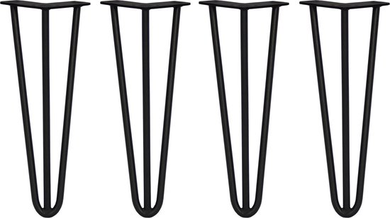 4 x Tafelpoten staal – Lengte: 35.5cm – 3 pin – 12mm – Zwart – SkiSki Legs ™ – Retro hairpin pinpoten