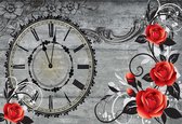 Fotobehang Roses Clock Wood Planks Vintage | XL - 208cm x 146cm | 130g/m2 Vlies