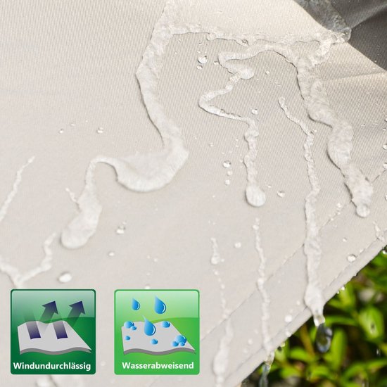 Detail van crème schaduwdoek met waterdruppels, toont waterafstotend en winddicht materiaal.