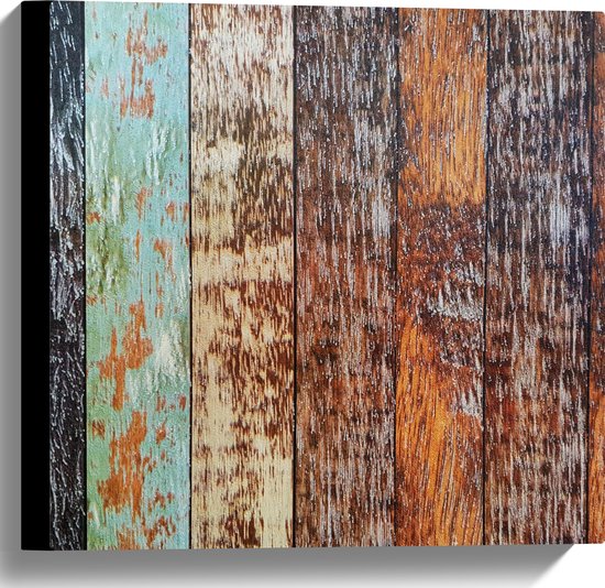 Canvas - Houten Planken op een Rijtje met Verschillende Kleuren - 40x40 cm Foto op Canvas Schilderij (Wanddecoratie op Canvas)