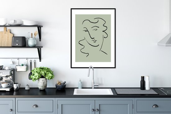 Cadre photo avec affiche - Visage - Croquis - Vert - Abstrait - 60x80 cm - Cadre pour affiche