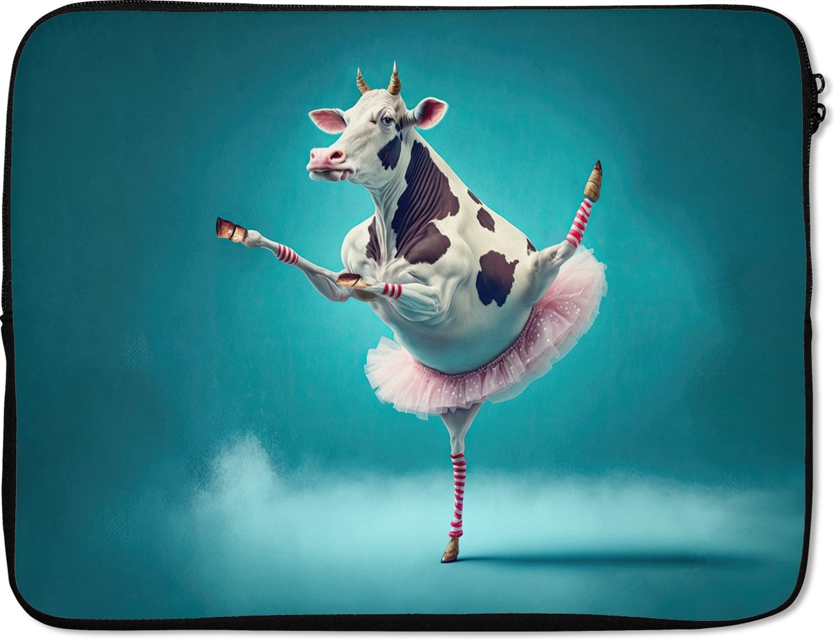 Laptophoes 15.6 inch - Koe - Ballet - Portret - Blauw - Dieren - Kind - Laptop sleeve - Binnenmaat 37x26 cm - Zwarte achterkant