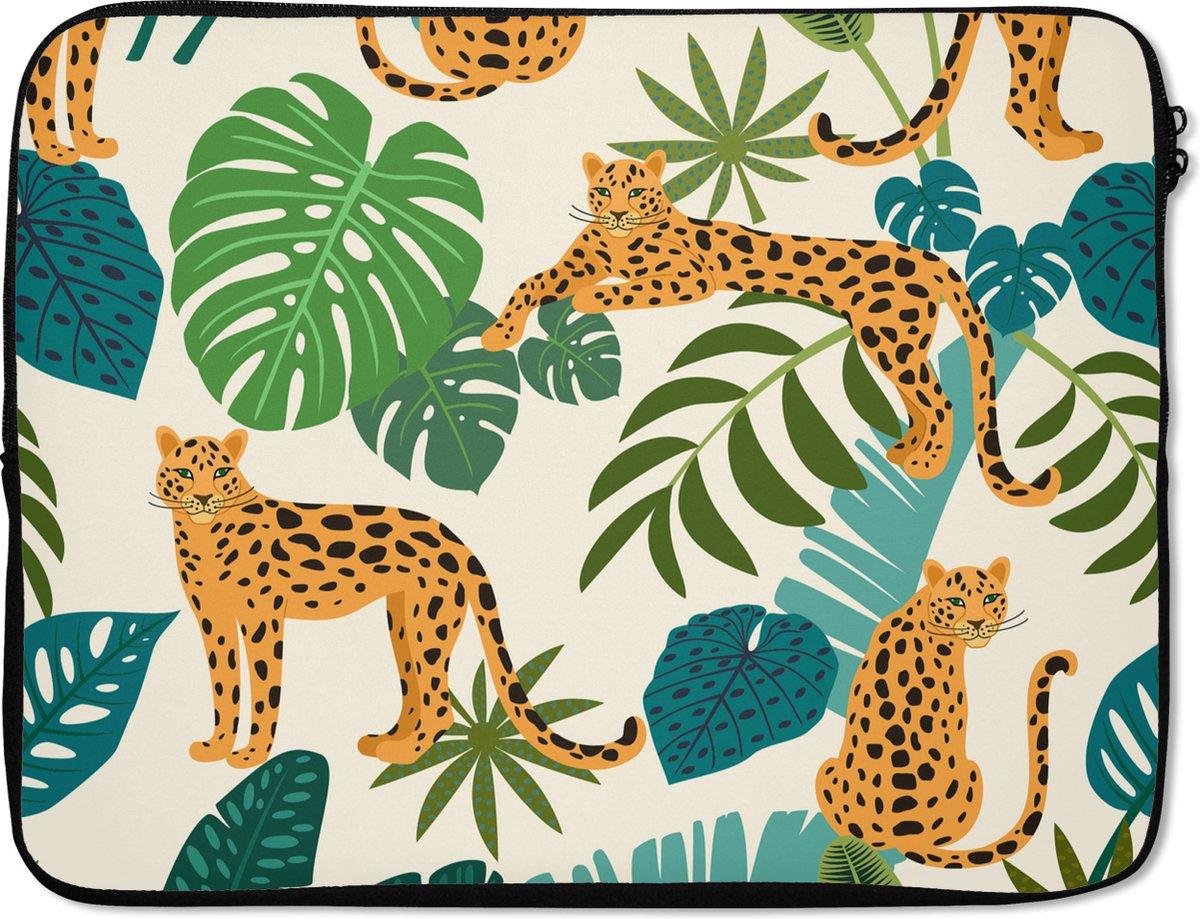 Laptophoes 15.6 inch - Jungle - Luipaard - Planten - Patroon - Meiden - Jongens - Laptop sleeve - Binnenmaat 37x26 cm - Zwarte achterkant