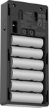 Open achterkant van de zwarte Aqara deurbel, toont 6 batterijen.