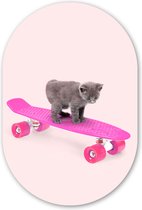 Muurovaal - Wandovaal - Kunststof Wanddecoratie - Ovalen Schilderij - Poes - Kitten - Dieren - Skateboard - Roze - 40x60 cm - Ovale spiegel vorm op kunststof