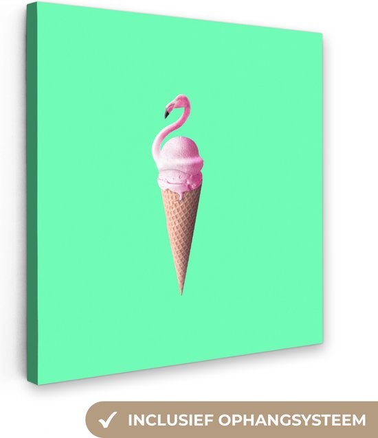 Canvas Schilderij IJshoorntjes - IJs - Flamingo - Roze - Groen - 20x20 cm - Wanddecoratie