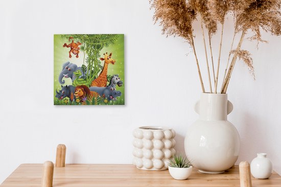 Tableau sur toile Animaux de la jungle - Plantes - Enfants - Éléphant - Girafe - Lion - 20x20 cm - Décoration murale