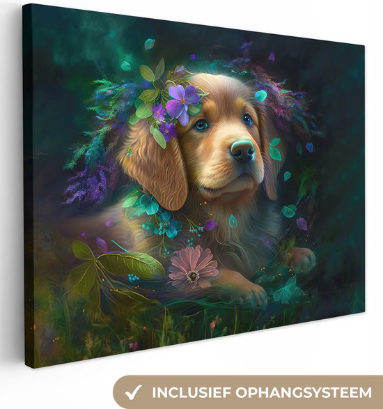 Canvas Schilderij Hond - Puppy - Bloemen - Natuur - Golden retriever - 120x90 cm - Wanddecoratie