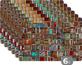 Placemat - Placemats kunststof - Deuren - Kleurrijk - Collage - Architectuur - 45x30 cm - 6 stuks - Hittebestendig - Anti-Slip - Onderlegger - Afneembaar