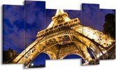 GroepArt - Schilderij - Eiffeltoren - Blauw, Geel, Wit - 120x65 5Luik - Foto Op Canvas - GroepArt 6000+ Schilderijen 0p Canvas Art Collectie - Wanddecoratie