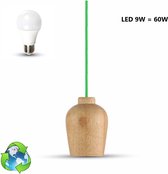 Houten hanglamp met groene draad - inclusief  E27 LED lamp 10W 60W - 2700K - 806 lumen - warm wit