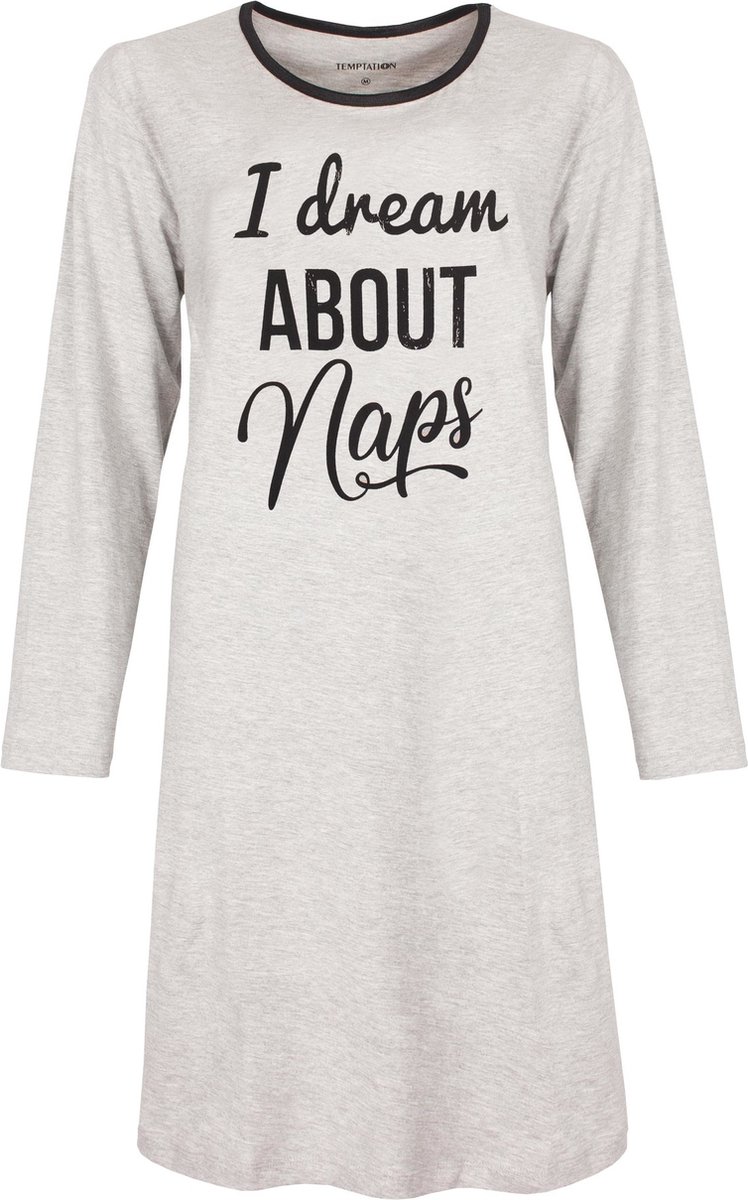 Temptation Dames Nachthemd - Bigshirt - I dream about naps Tekst - Licht Grijs