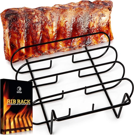 Spare Ribs Houder voor Smoker - BBQ Rib Rack voor Gas of Houtskool Grill - Non-stick Sparerips Houder voor Barbecueën & Grillen - Voor 5 Baby Ribs - Zwart