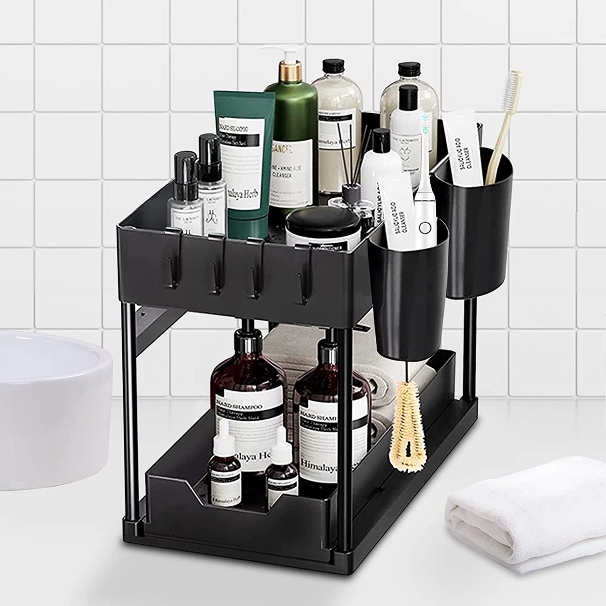 Keukenorganizer onder de gootsteen met kopjes en haken, 2-laags L Keukenorganizer onder de gootsteen met kopjes en haken, 2-laags L