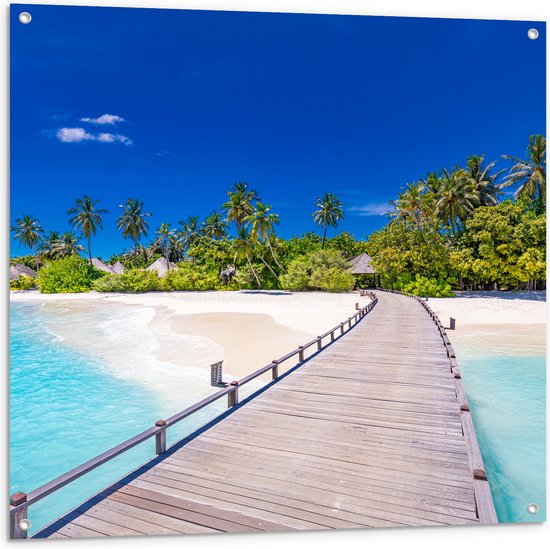 Tuinposter – Vlonder over het Strand van de Maledieven - 100x100 cm Foto op Tuinposter (wanddecoratie voor buiten en binnen)