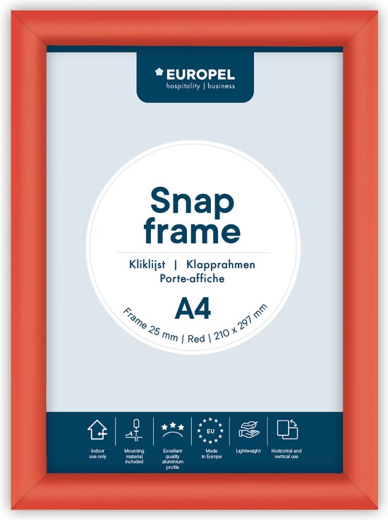 Europel Kliklijst – Posterlijst – A4 – 21 x 29,7 cm – 25mm – Aluminium – Rood