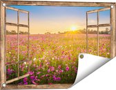 Gards Tuinposter Doorkijk Bloemenveld met Roze Kosmos - 60x40 cm - Tuindoek - Tuindecoratie - Wanddecoratie buiten - Tuinschilderij