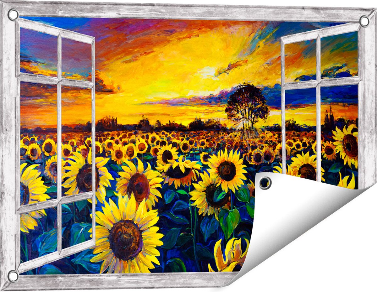 Gards Tuinposter Doorkijk Getekende Zonnebloemen Veld met Olieverf - 60x40 cm - Tuindoek - Tuindecoratie - Wanddecoratie buiten - Tuinschilderij Grijs