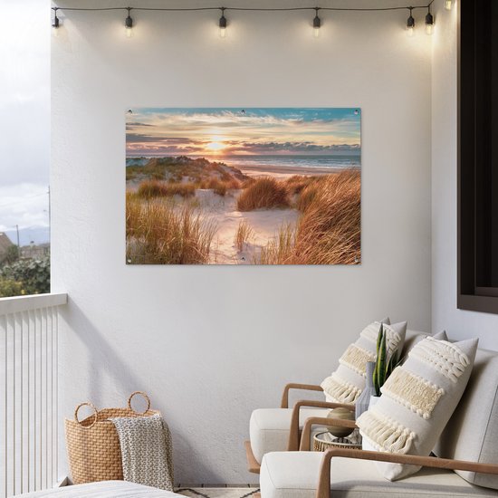 Affiche jardin - Toile Posters de jardin extérieur - Dune - Plantes - Coucher de soleil - Plage - Mer - 120x80 cm - Jardin