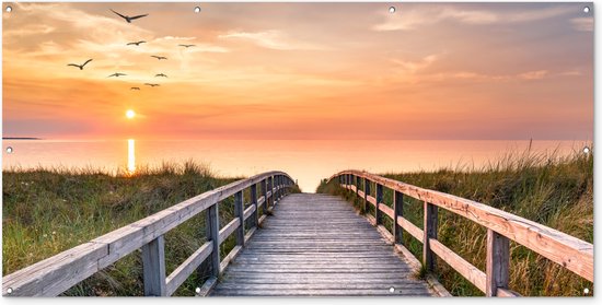 Foto: Schuttingposter zonsonderang zee pad gras duin vogels 200x100 cm tuindoek schuttingposter zonsonderang zee pad gras duin vogels 200x100 cm tuindoek