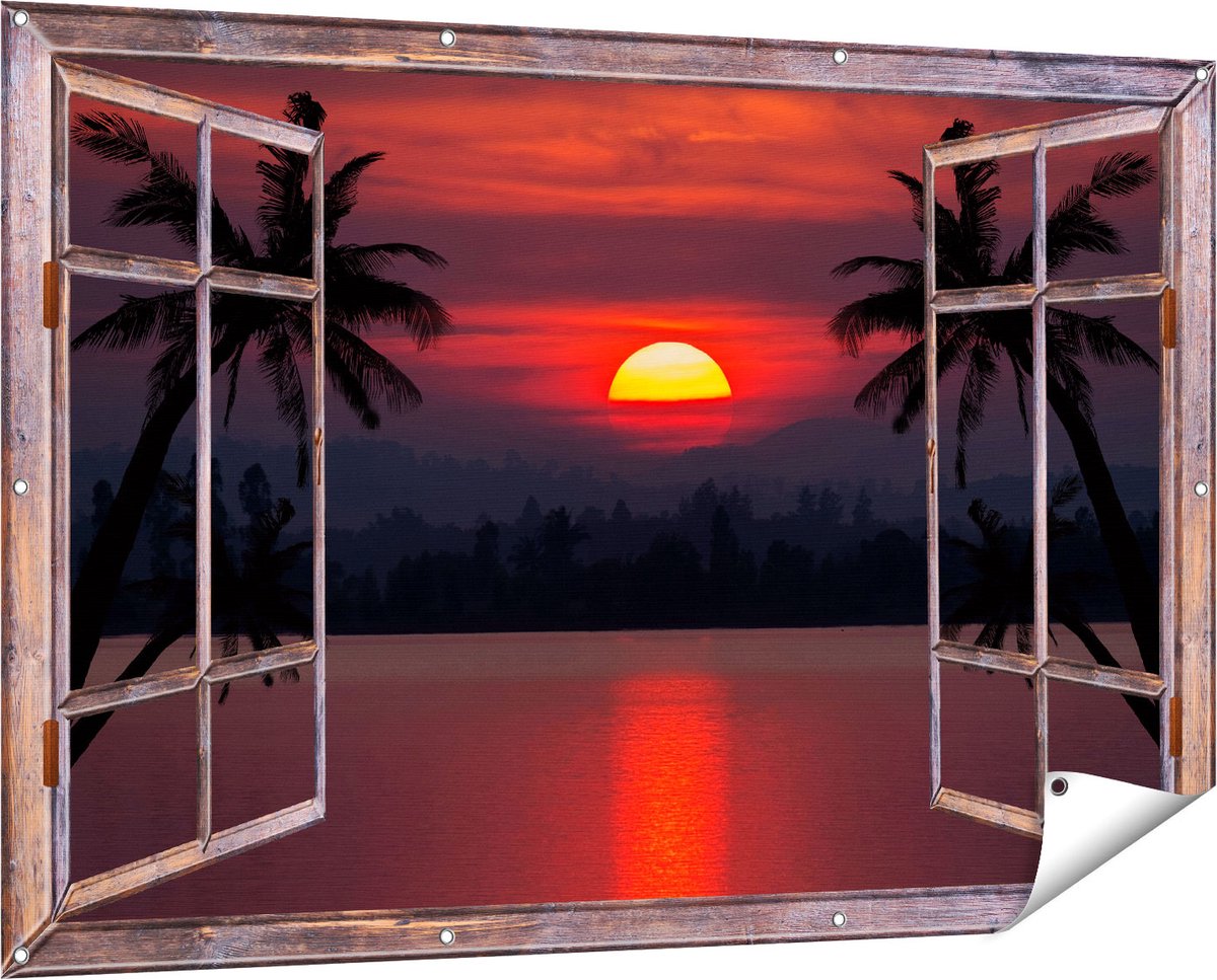 Gards Tuinposter Doorkijk Zonsondergang op het Strand met Palmbomen - 150x100 cm - Tuindoek - Tuindecoratie - Wanddecoratie buiten - Tuinschilderij bruin