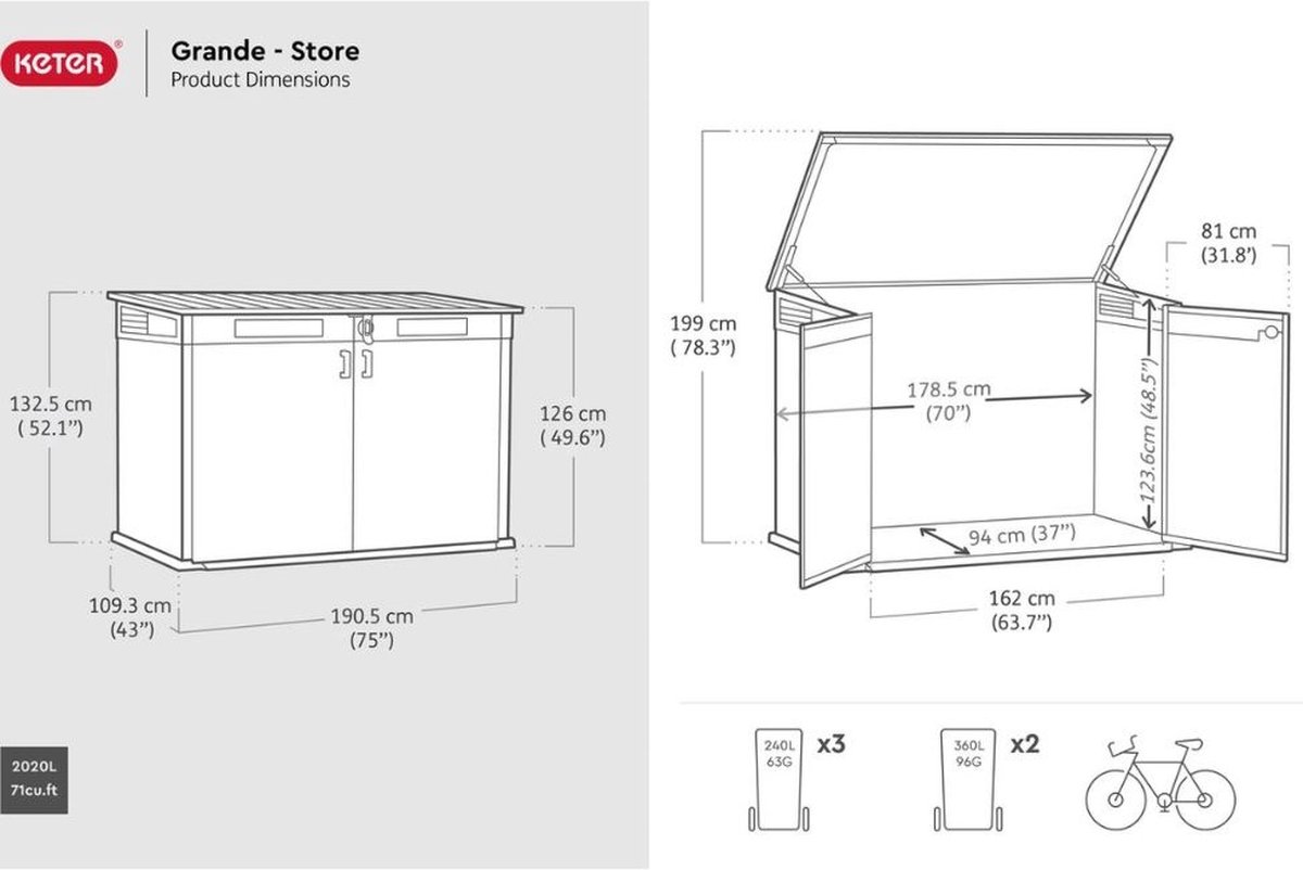 Keter Grande Store Opbergbox - 190,5x109,3x132,5cm - 2020L - Grijs