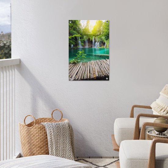 Affiche de jardin - Cascade - Water - Bois - Nature - Pont - Lac - Soleil - 40x60 cm - Toile de jardin - Toile de clôture