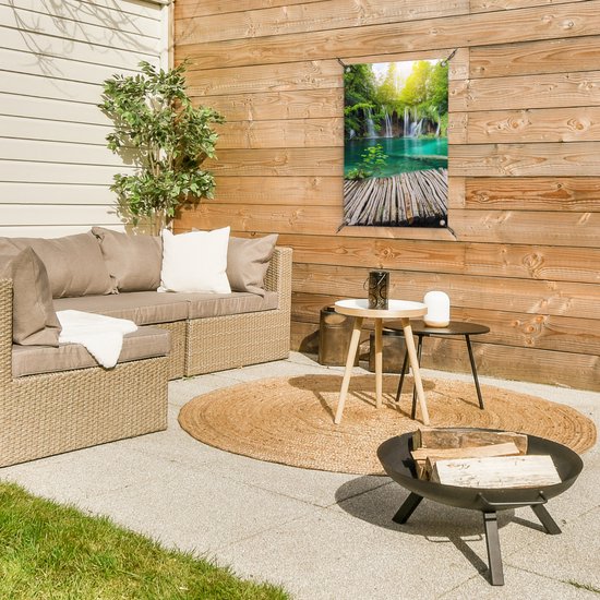 Affiche de jardin - Cascade - Water - Bois - Nature - Pont - Lac - Soleil - 40x60 cm - Toile de jardin - Toile de clôture