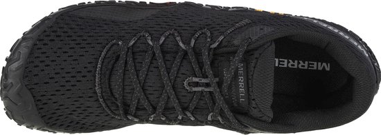 Zwart Merrell Vapor Glove 6 sportschoen van bovenaf gezien, met veters en een mesh bovenwerk.