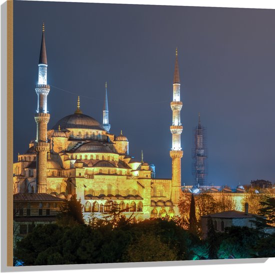 WallClassics - Hout - Sultan AhmetMoskee in de Nacht in Istanbul, Turkije - 80x80 cm - 9 mm dik - Foto op Hout (Met Ophangsysteem)