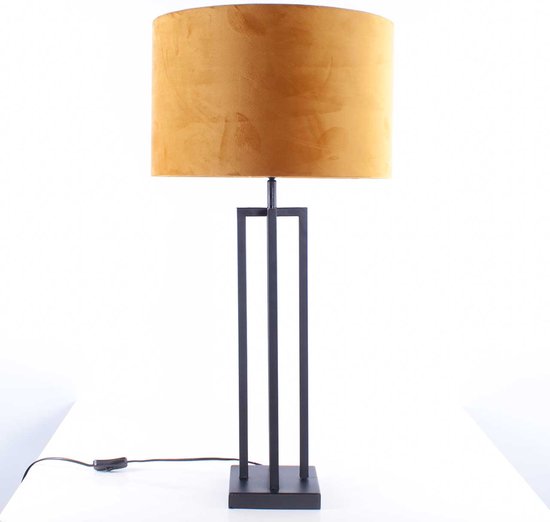 Tafellamp vierkant met velours kap Roma | 1 lichts | geel / zwart / goud | metaal / stof | Ø 40 cm | 79 cm hoog | tafellamp | modern / sfeervol / klassiek design