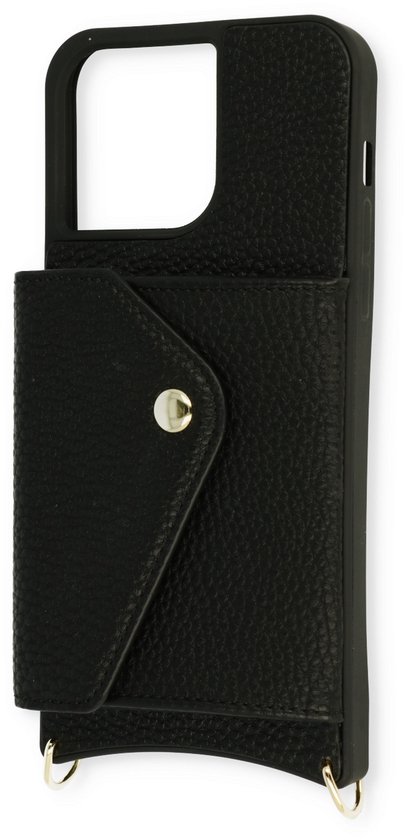 Casemania Coque pour Apple iPhone 14 Pro Zwart - Coque arrière avec sangle réglable - Porte-cartes et cordon