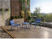 MYLIA Ensemble lounge MIRMANDE : 2 fauteuils bas empilables avec table d'appoint - Métal - Bleu nuit L 60 cm x H 71,5 cm x P 67,5 cm