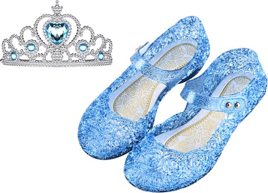 Foto: Prinsessenschoenen klittenband kroon tiara blauw maat 26 27 vallen 1 2 maten kleiner het betere merk verkleedschoenen prinses prinsessen schoenen plastic giftset voor bij je prinsessenjurk binnenzool 16 5 cm