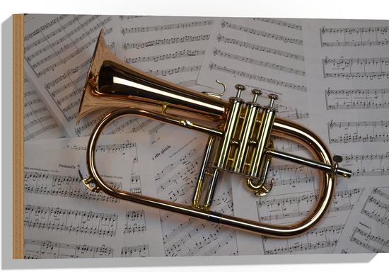 Hout - Gouden Trompet op Muzieknoten Bladeren - 60x40 cm - 9 mm dik - Foto op Hout (Met Ophangsysteem)