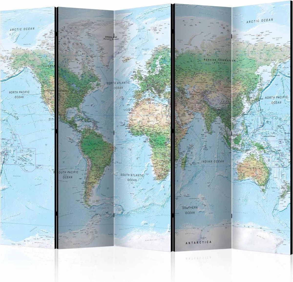 Vouwscherm - Wereldkaart in lichte kleuren , 225x172cm , gemonteerd geleverd, dubbelzijdig geprint (kamerscherm)