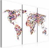 Schilderij - Wereldkaart- Pixels, 3luik , multikleur , premium print op canvas