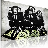 Schilderij - Banksy - Geld is een probleem II  , zwart wit geel , wanddecoratie , premium print op canvas