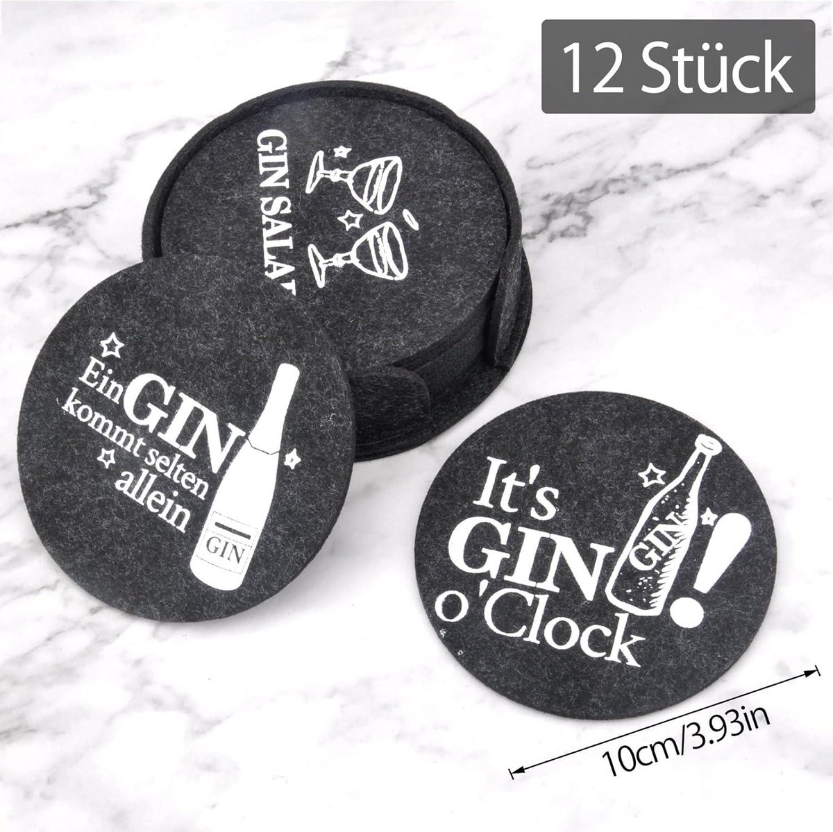 Ronde Onderzetters Gin Tonic Set van 12 - Glasonderzetters met Ginspuiten - Vilt Onderzetters voor Glazen - Gin-Liefhebbers - 2022