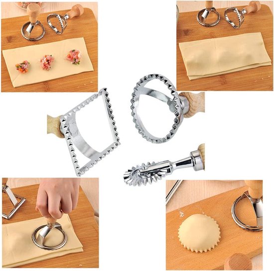 Ravioli Cutter Set - Houten Handvat - Geribbelde Rand Roller Wiel - 12 Roestvrijstalen Mallen - Ravioli Pasta Dumplings Koek van Kookfun — afbeelding 5
