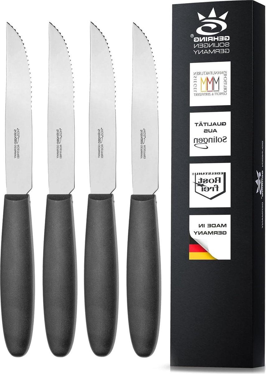 Steakmes 4 stuks Gekarteld Roestvrij staal Kunststof handvat Made in Germany IJsgemaakt Tomatenmessen Broodmes Campingbestek Serie Big