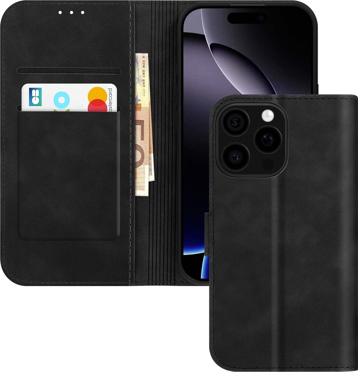 Avizar Case Geschikt voor Apple iPhone 16 Pro Wallet Clap video-ondersteuning, Zwart